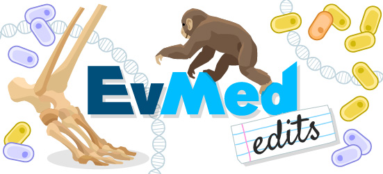 An illustration for EvMed Edits, showing human bones, an ape, cells, and more