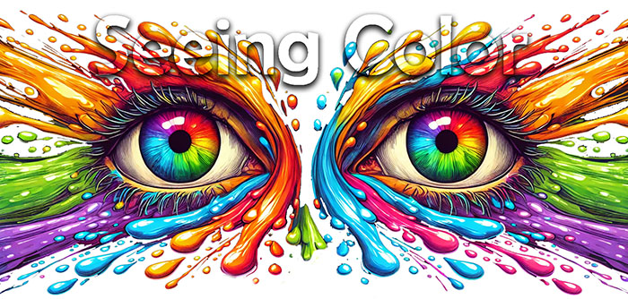 Illustration of human eyes that have bright colors of wet paint around them.