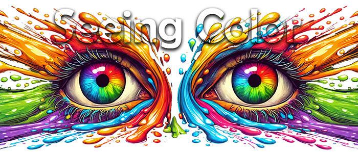 Illustration of human eyes that have bright colors of wet paint around them.