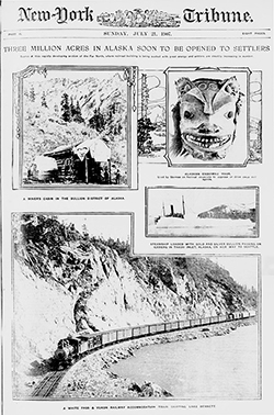 The cover of the New York Tribune from July, 1907. The headline text reads: Three million acres in Alaska soon to be opened to settlers."