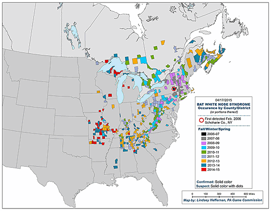 Map Showing Range of White-nose Syndrome