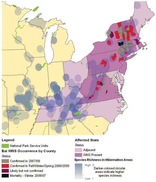 Map Showing Range of White-nose Syndrome