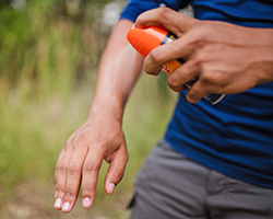 Someone spraying insect repellent onto their forearm