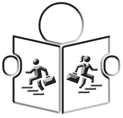 Icon of a book with two icon images of a man and woman climbing stairs with briefcase