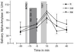 This is a line graph depicting the levels of alpha amylase in subjects who listened to different types of music prior to the Trier Social Stress Task. 