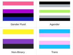 Four colorful striped flags representing the gender fluid, agender, non-binary, and trans people.