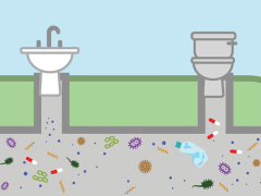 A cartoon of a sink and a toilet, with connected pipes taking wastewater to the sewer