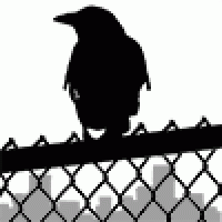 A silhouette of a bird on a chain link fence