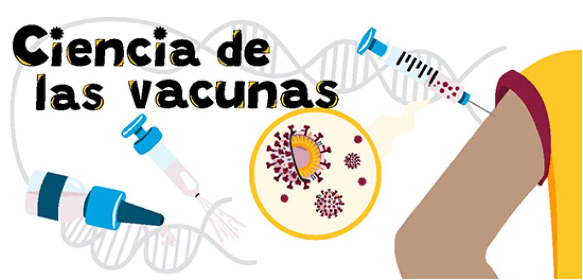 Una ilustración para la historia Vaccine Science que muestra varias vacunas y un virus