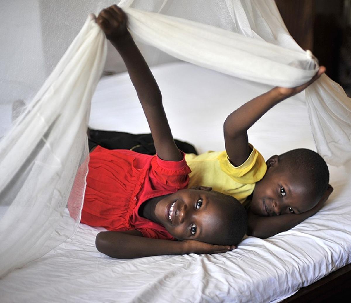 Niños descansando bajo mosquiteros en Tanzania