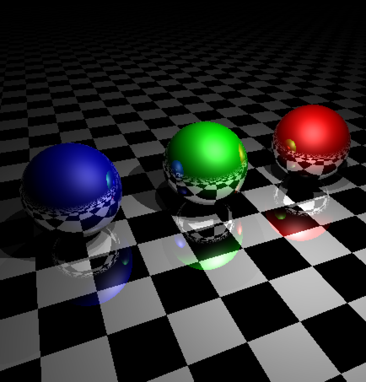 Three balls colored blue green and red in a checkered board like floor