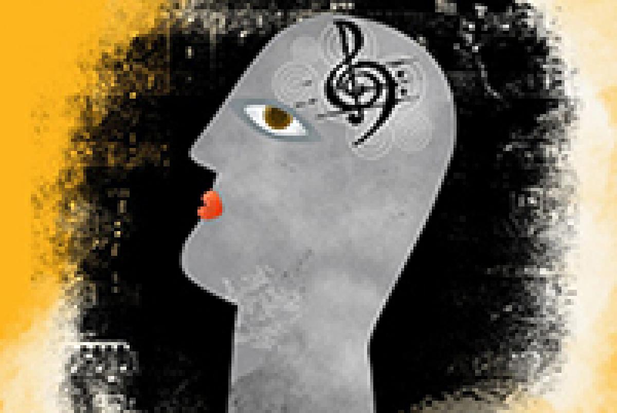 A painting of a human face shape with a music note where the brain might be