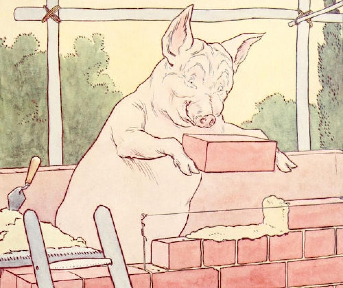 One little pig building a house with brick