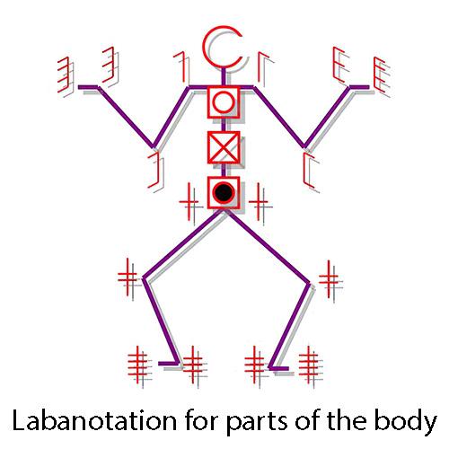 Stick figure, with symbols used for human body part notation.